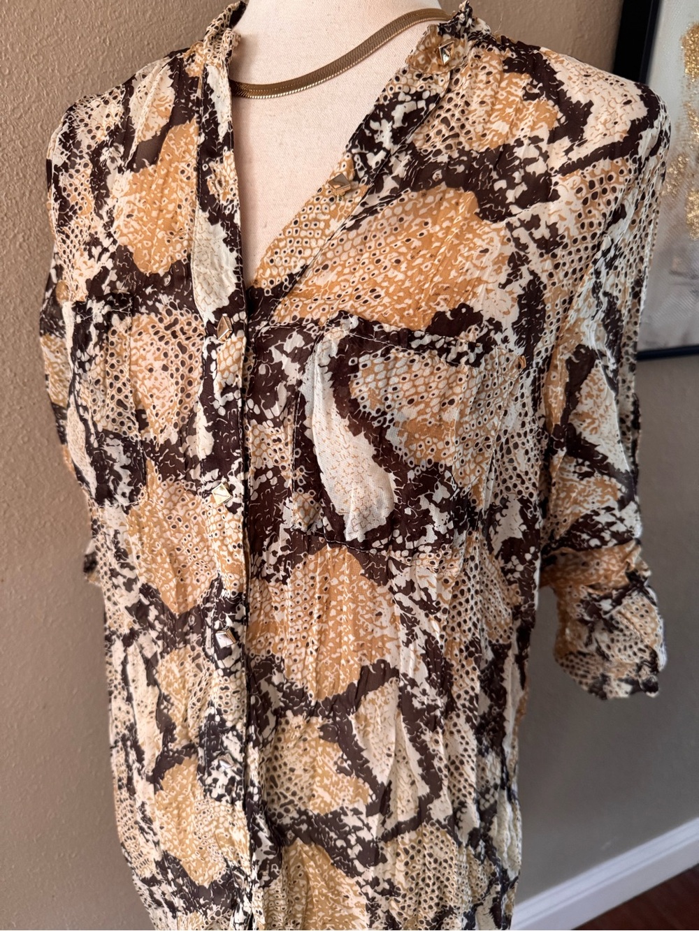 Snake-Print High-Low Button-Front Blouse - Brown - Picture 5 of 12